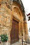 Kirche geschnitzte Tür San Jorge, Alcala de Los Gazules, Spanien.