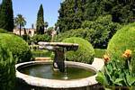 Topiary und Brunnen im Garten, Sevilla Alcazar, Spanien.