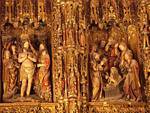 Konzentrieren Sie sich auf das Hauptaltarbild (rechts, Lázaro de Resurrección), Kathedrale von Sevilla, Spanien.