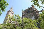Top auf die Giralda und die gotische Fassade der Kathedrale von Sevilla, Spanien.
