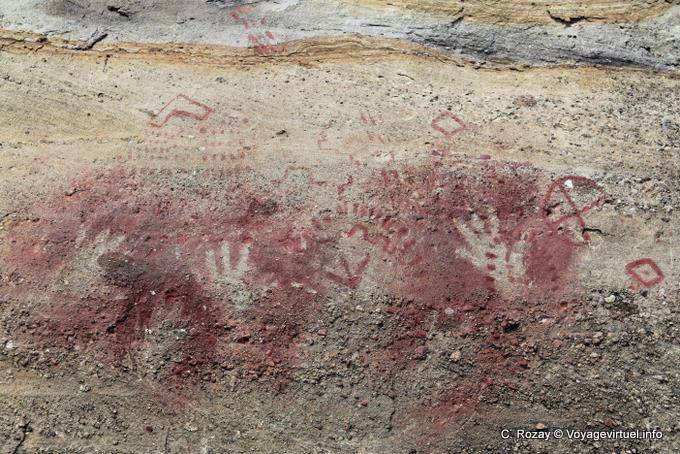 Drei Airbrush reicht Höhlenmalereien Tehuelche, Walichu - Argentinien