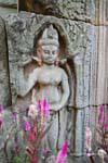 Blumen und Skulptur in Sandstein, Wat Nokor, Kampong Cham, Kambodscha.