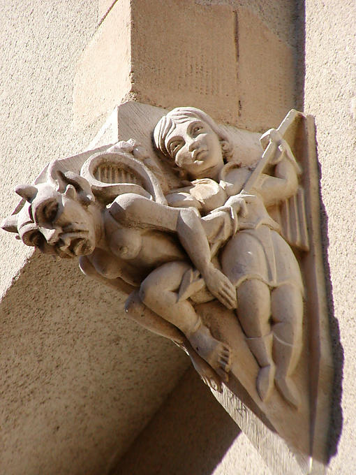 Jagd auf den Teufel, Skulptur, Vézelay, Frankreich.