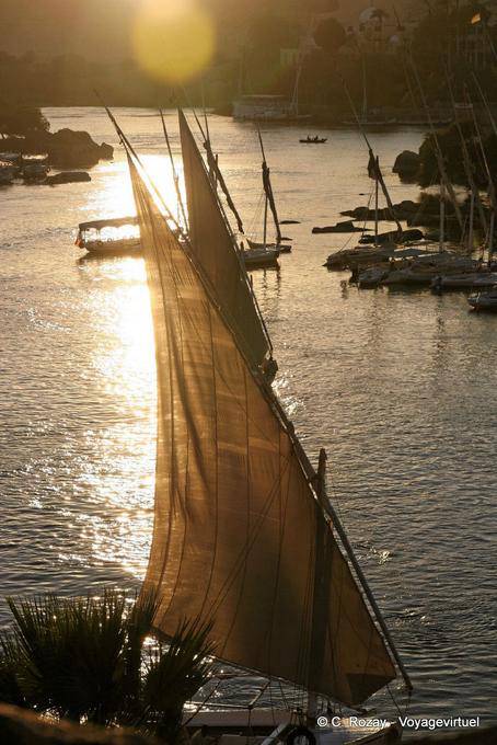Sun im Segel der Feluke, Nil südlich der Old Cataract Aswan - Aegypten