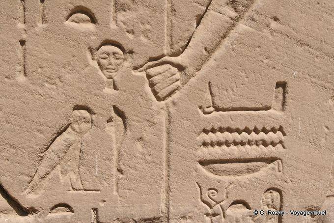 Close up Detail einer Entlastung, Kopf, Eule und Hand Karnak-Tempel - Aegypten