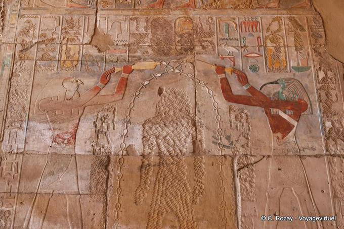 Thoth und Horus, Edfu reinigen Hatschepsut, Sanctuary heiligen Boote, Karnak-Tempel - Aegypten