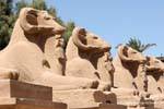 Ram-headed Sphingen, widderköpfigen Gottheiten des ägyptischen Pantheons, Tempel von Karnak, Ägypten.