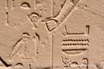 Close up Detail einer Entlastung, Kopf, Eule und Hand Karnak-Tempel, Ägypten.