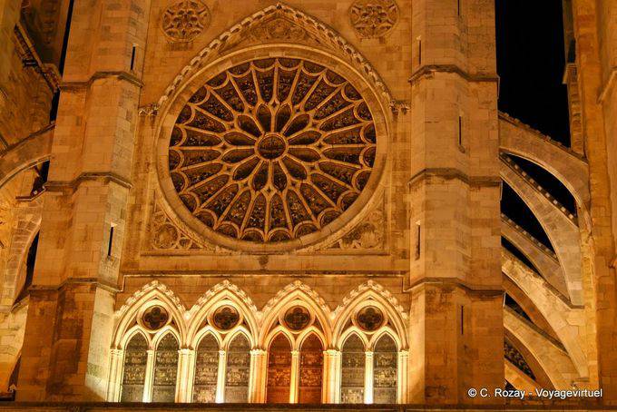 Nacht Lichter der Groß zentrale Rosette, León Kathedrale - Spanien