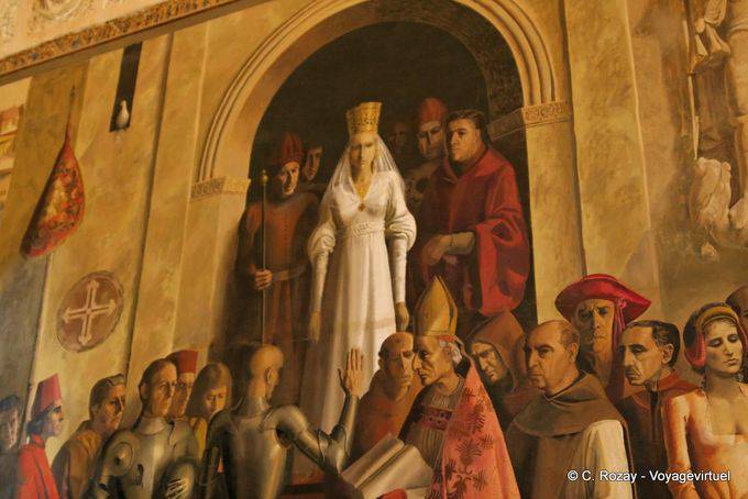 Fresko der Krönung von Königin Isabella der Katholischen, Arbeit von Carlos Muñoz de Pablos, Halle der Galeere, Alcazar, Segovia - Spanien