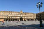 Salamanca, Panorama-Blick auf die Fassade, die Plaza Mayor, Spanien.