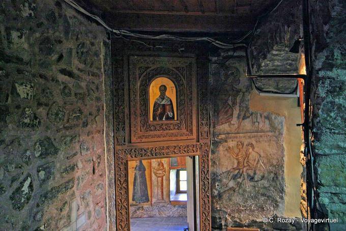Fresko bleibt und Icon, Kloster Agios Nikolaos Anapafsas, Meteora - Griechenland