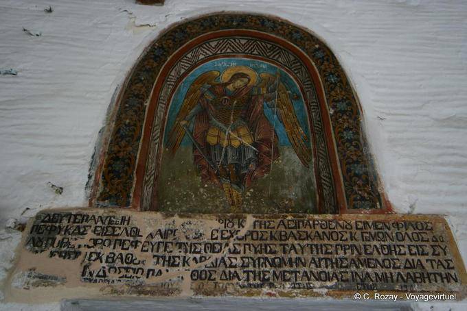 Engel und gemalten Inschrift an der Kirche, Milies, Pilion - Griechenland