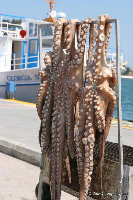 Octopus Trocknen auf den Hafen, Poros - Griechenland