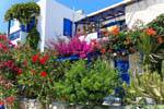Milos, Pollonia, blumengeschmückte Fassade, Griechenland.