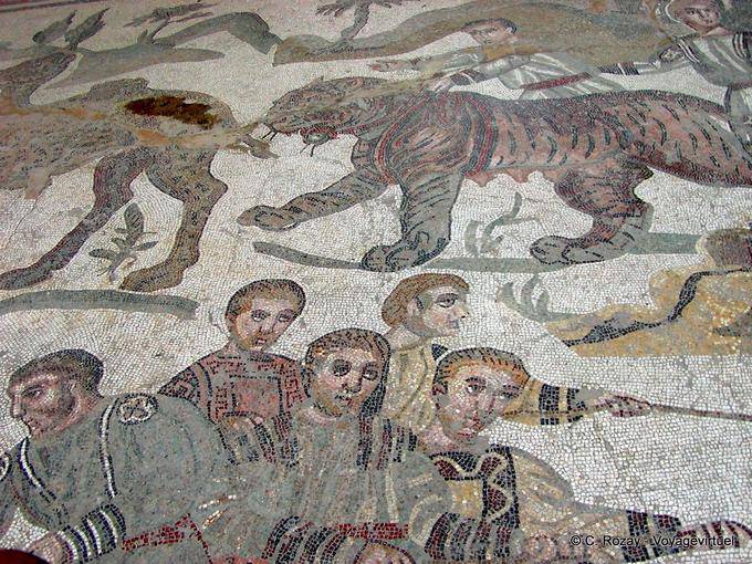 Die großen Tigerjagd, Mosaikfragment Villa Casale - Italien