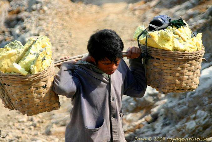 Ore Körbe sind auf der Schulter getragen, Kawa Ijen, Java - Indonesien
