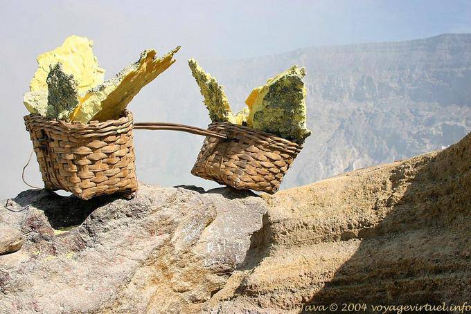 Korb Bambus-Leisten Gleichgewicht auf dem Bleeding Edge, Ijen, Java - Indonesien