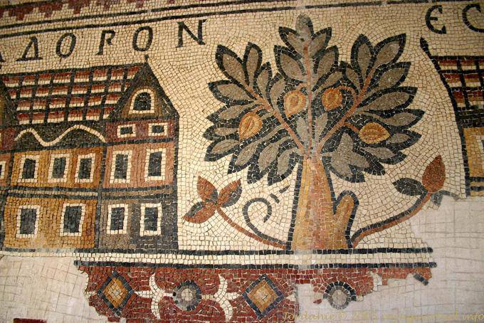 Madaba, Baum und Haus, Mosaikfragment - Jordanien