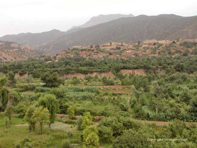 Kulturen und Village Taljerft über dem Wadi, Ourika - Marokko
