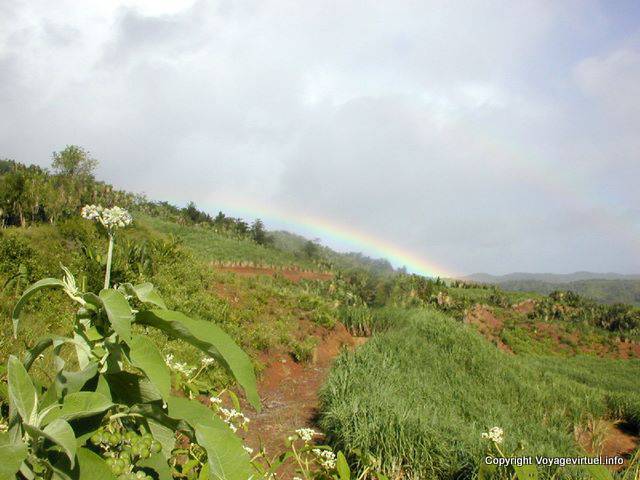 Regenbogen-Himmel von der Plaine Champagne Kulturen, Mauritius.
