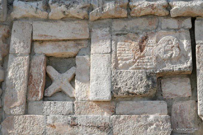 Konzentrieren Sie sich auf die Skulptur eines Papageien, Große Pyramide, Uxmal - Mexiko