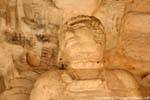 Nahaufnahme einer Statue des Stuckfries von der Akropolis, Altar Jaguar, Ek Balam, Mexiko.