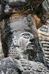 Konzentrieren Sie sich auf das Gesicht der Statue, Ostseite, Jaguar Skulptur, Kabah, Mexiko.