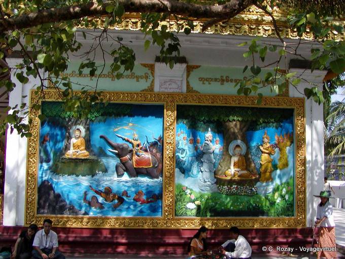 Relief Wandbild mit Szenen aus dem Leben des Buddha, Shwedagon-Pagode, Rangun - Myanmar (Birma)