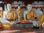 Meditation kniend am Fuße der Buddhas, Shwedagon Pagode, Yangon, Birma.