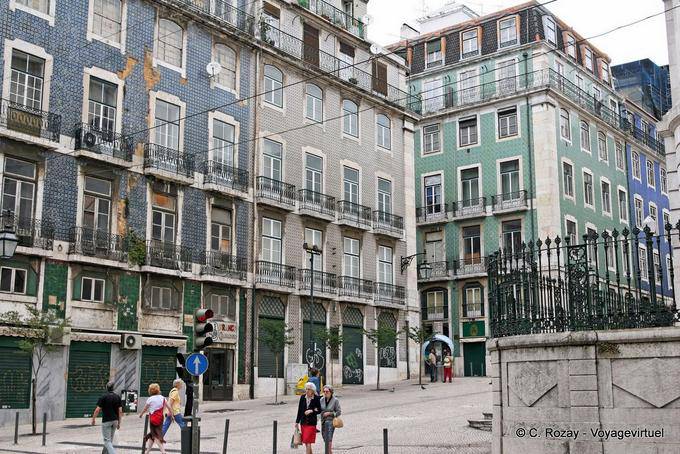 Baixa, Fassaden von Gebäuden mit keramischen Fliesen, Lissabon abgedeckt - Portugal
