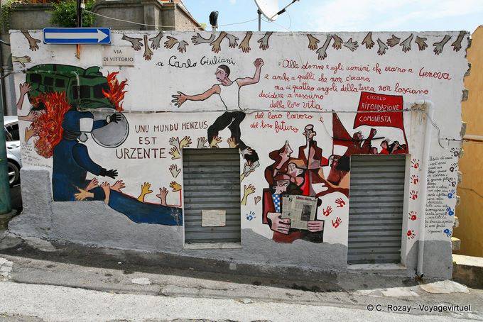 Orgosolo, Carlo Giuliani und eine bessere Welt, Via Di Vittorio, Wandmalerei - Sardinien