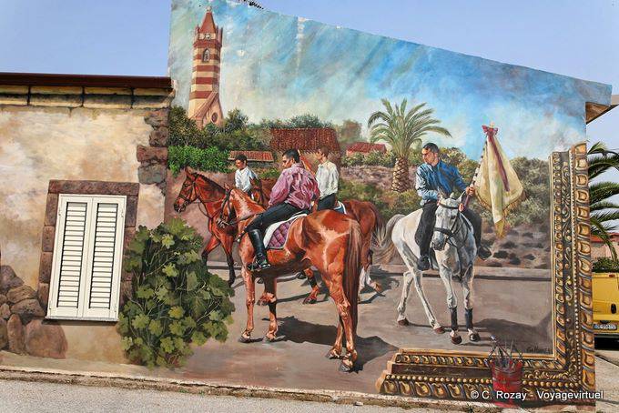 Tinnura, Fahrer des Palio, Wandmalerei - Sardinien