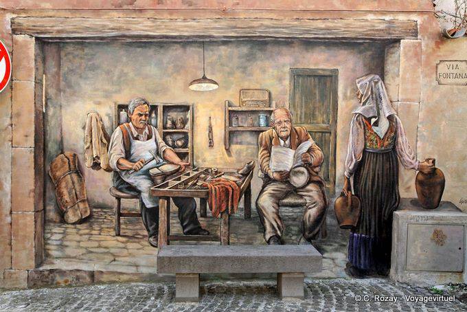 Tinnura, der Schuster in seinem Laden, Via Fontana, Wandmalerei - Sardinien