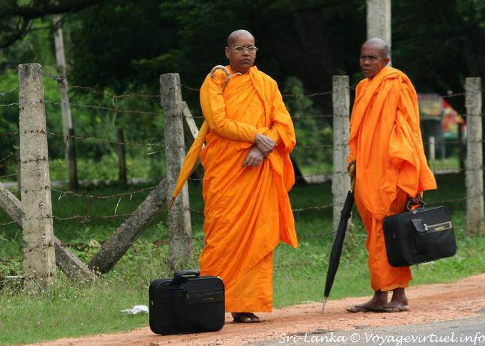 Moines en robe couleur safran, à valise et parapluie, Dambulla, Sri Lanka