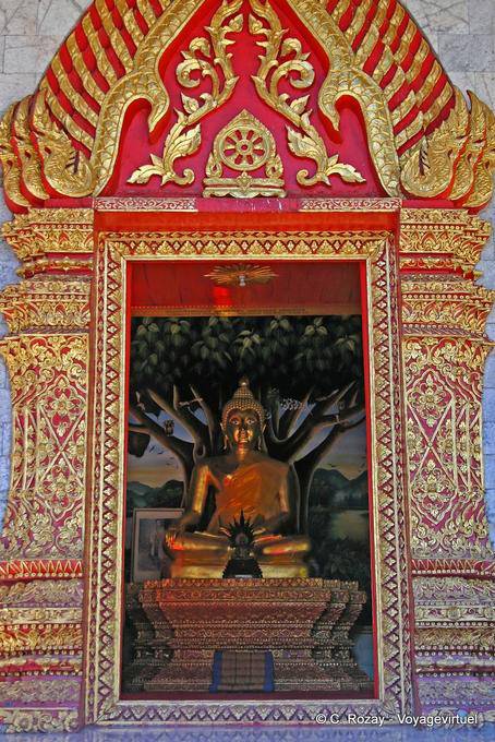 Buddha durch das Fenster, Wat Chedi Luang, Chiang Mai gesehen - Thailand